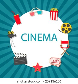 Cinema background with cinema icons set in flat design style, vector illustration. Popcorn, soda with straw, tickets, filmstrip etc.