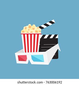 Cinema background with cinema icons set in flat design style, vector illustration. Popcorn, soda with straw, tickets, filmstrip etc.