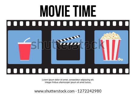 Cinema background with cinema icons set in flat design style. Vector illustration. Movie poster template.
