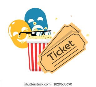 Cinema background with movie attribute as comedian and dramatic face mask, pop corn bowl, goggles and ticket vector illustration isolated on white