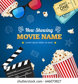 Cinema Background Movie Name on a Blue Presentation Premiere Film for Poster or Placard. Vector illustration