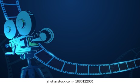 Cinema background with movie projector and film strip. 3d isometric style. Movie festival poster with place for text. Art design filmstrip template for advertisement, poster, brochure, banner, flyer.