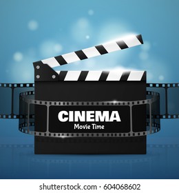 Cinema Background With Movie Reel And Clapper Board. Vector Flyer Or Poster. Illustration Of Film Industry. 