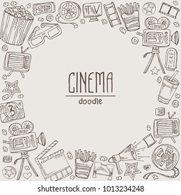 Cinema background with movie slap, popcorn, ticket, video camera, glasses. Hand drawn doodles illustration