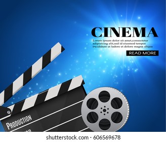 Cinema Background With Movie.Blue background with light star.Clapper Board. Vector Flyer Or Poster. Illustration Of Film Industry. Template For Your Design