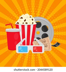 Cinema background in pop art style. Popcorn, soda, tickets, film. Vector illustration.