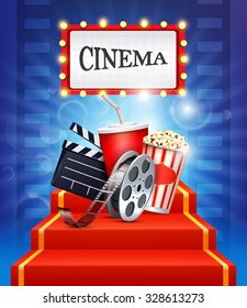 Cinema background with popcorn box, film strip and paper cup with drink.