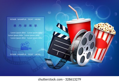 Cinema background with popcorn box, film strip and paper cup with drink.