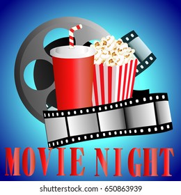 Cinema background with popcorn box, film strip and paper cup with drink.