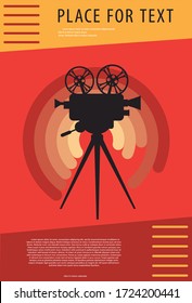 Cinema background. Silhouette of vintage cinema projector on a tripod. Film festival template for banner, flyer, poster or tickets. Old movie projector with place for your text. Movie time concept.