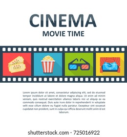 Cinema background template. Movie time poster, tickets, theater locations, showtimes, trailers information mockup. Vector flat style cartoon illustration isolated on white background