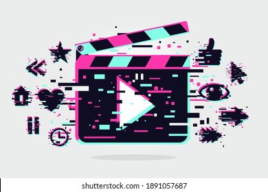 Cinema background. Vector banner with movie objects. Online video backdrop. Glitch style image with clapperboard. Color illustration.