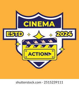 cinematografia emblema ilustração vetor design com clapboard em cor completa e estilo simples. adequado para logotipos, ícones, cartazes, anúncios, banners, empresas, projetos de t-shirt, adesivos, sites.