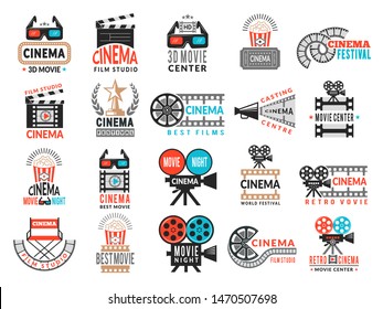 Cinema badges. Movie production symbols camera director chair film tape vector logo collection. Illustration of movie cinema, world premiere and festival film