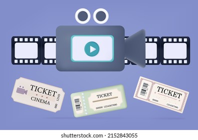 Cinema banner 3d. Three movie tickets, an invitation to watch a show, soccer or concert. Modern art, poster vector design, film shooting, smart tv, cinema tickets. Movie camera with reel,  film strip.