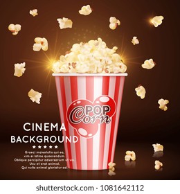 Cinema banner background with vector realistic popcorn and shine effect illustration