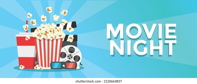 Cinema banner with of movie elements. Movie time. Movie night.Cinema concept poster with popcorn, drink, film strip clapperboard and 3d glasses. Vector stock