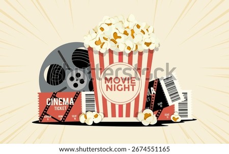 Cinema banner with of movie elements. Movie time. Movie night.Cinema concept poster. Vector stock