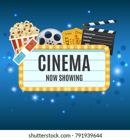 Cinema Banner. Movie watching with popcorn and 3D glasses. Film industry. Cinematography concept. Vector illustration.