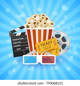 Cinema Banner. Movie watching with popcorn and 3D glasses. Film industry. Cinematography concept. Vector illustration.