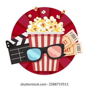 Cinema banner on red round striped background. Composition with popcorn, clapper, 3d glasses and tickets. Vector illustration of banner for cinema.