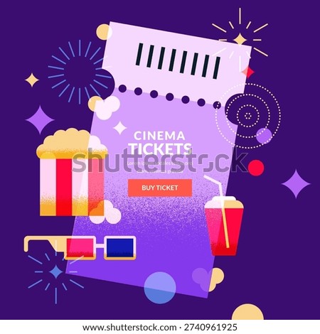 Cinema banner, poster, flyer template. Movie ticket, popcorn, drink, 3d glasses. Vector flat geometric illustration. Design elements for night film festival and entertainment