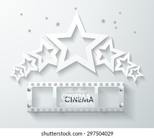  Cinema banner with white paper stars and film tape. Vector cinema background.