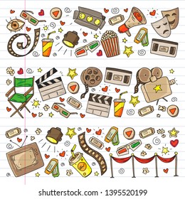 Cinema banners, pattern with vector icons. Movie, television, theatre.