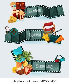 Cinema banners set with cartoon film elements isolated vector illustration