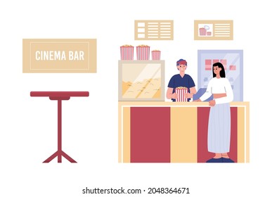 Cinema bar or cafeteria with vendor giving popcorn to buyer, flat vector illustration isolated on white background. Cinema theater food court interior.