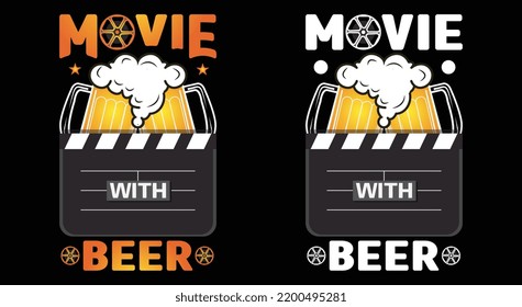 Cinema with beer tshirt. Night film movies, popcorn and retro vintage movie tshirt,  movie or beer cartoon vector illustration tshirt, big movie reel
