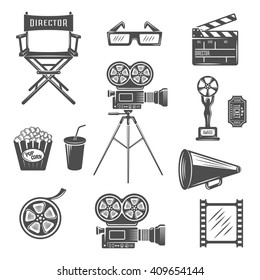 Cinema black white icons set with projector clapper megaphone reel 3d-glasses snack drink isolated vector illustration