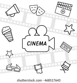 Cinema black and white lines poster with camcorder silhouette. Attributes of film industry: movie, popcorn, theater, tickets, stars, director's chair, reel of film, 3d glasses. Vector illustration.