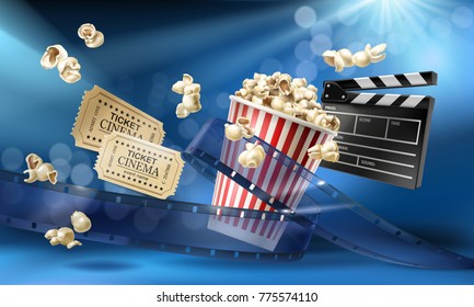 Cinema blue background with 3d realistic objects popcorn, tape, tickets and clapperboard. Vector concept colorful illustration with elements of film industry. Template for ad, poster, presentation