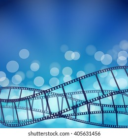 cinema blue background with film strips and light rays. vector illustration