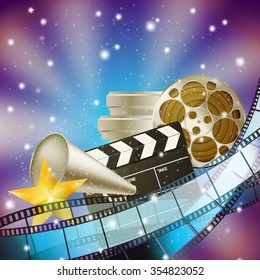 cinema blue background with retro filmstrip, clapper and stars