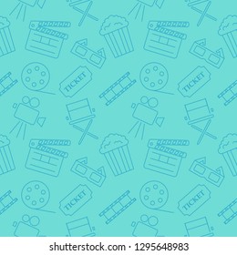 Cinema blue icons pattern seamless. Signs and symbols collection icon for websites with blue Background. Vector illustration.