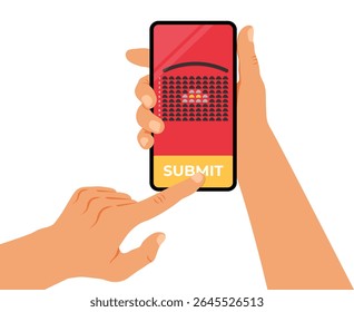 Cinema booking online. Human hands holding smartphone with cinema seat booking. Vector illustration