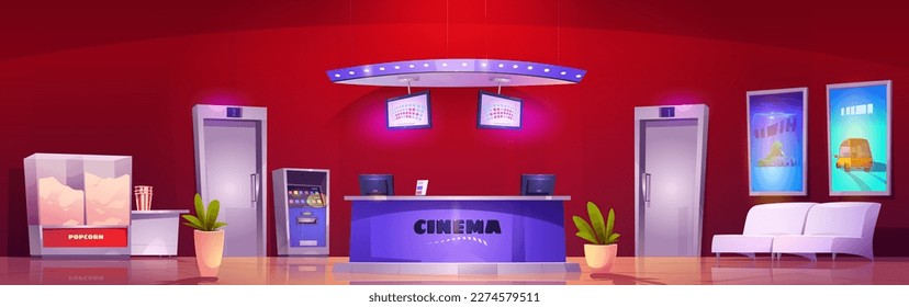 Cinema box office interior design. Vector cartoon illustration of large red room with movie hall doors, popcorn coin machine, ticket office with computer screens, chairs and film posters on wall