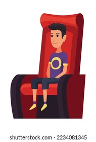 Cinema. Boy sitting in chair at movie theater auditorium. Children watching film or motion picture. Viewer or moviegoer. Flat cartoon vector illustration