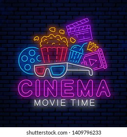 Cinema bright neon sign, icon, logo, emblem. Vector design for use in the web, advertising, poster and banner. Bright night neon signboard for the cinema industry. Movie logo.
