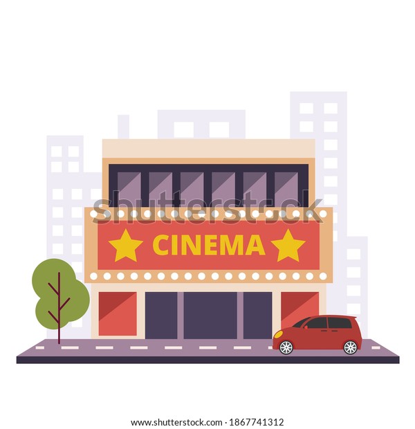 Cinema building with car\
parked outside on a street with trees and building silhouette in\
the back