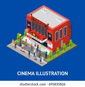 Cinema Building Card Isometric View Modern Exterior Facade for Cinematography Movie Show Business. Vector illustration