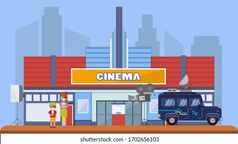 Cinema building in city background, street shooting TV show, flat vector illustration. Television show car, tv camera, viewer stay near film screening, design advertisement movie place.