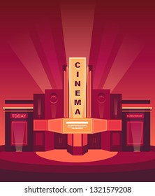 Cinema building. Facade classic cinema with night illumination. Flat style illustration for poster or card