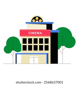 Cinema Building With Film Reel Sign And Trees In Flat Vector Illustration Symbolizing Movies, Entertainment, And Urban Life, Isolated On White Background