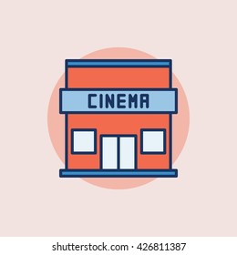 Cinema building flat icon - vector cinema house colorful symbol or sign on pink background