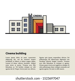Cinema building. Front view. Template for your text at the bottom on a gray background.