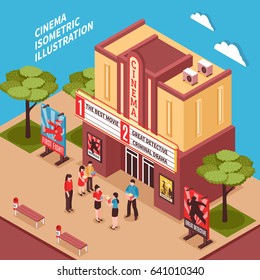 Cinema building isometric composition with posters signboards and viewers at entrance vector illustration 