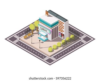 Cinema building isometric composition with road bench and trees vector illustration